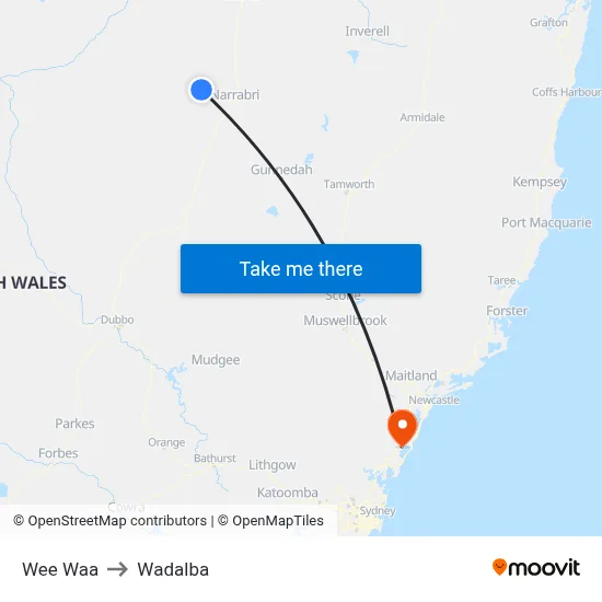 Wee Waa to Wadalba map