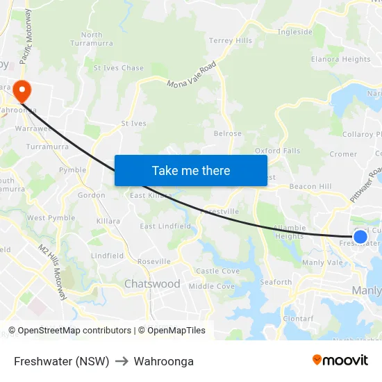 Freshwater (NSW) to Wahroonga map