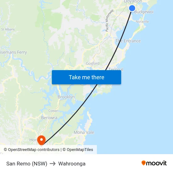 San Remo (NSW) to Wahroonga map