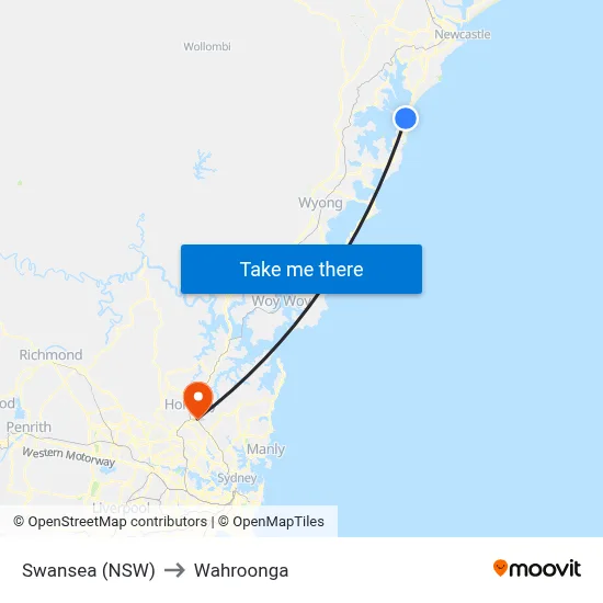 Swansea (NSW) to Wahroonga map