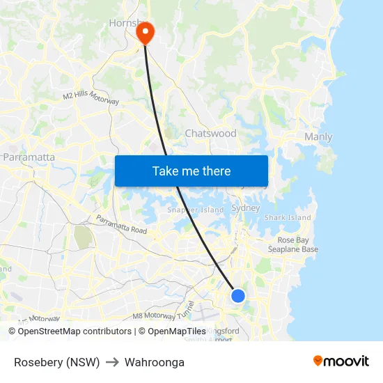 Rosebery (NSW) to Wahroonga map