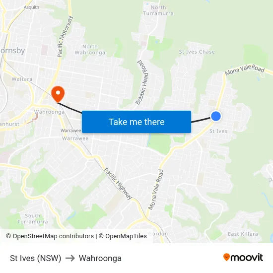St Ives (NSW) to Wahroonga map