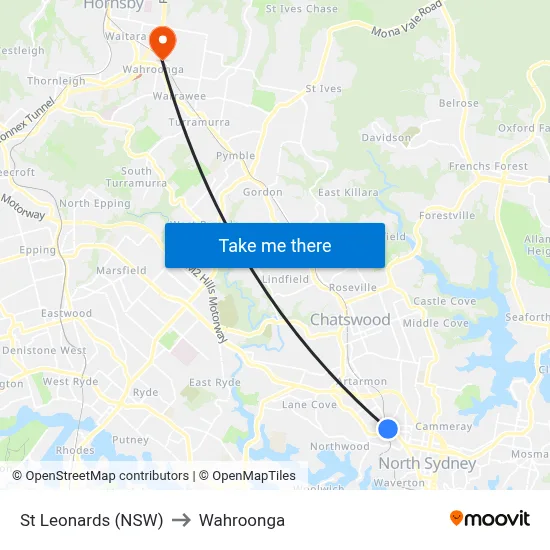 St Leonards (NSW) to Wahroonga map