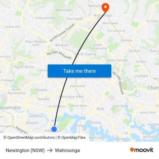 Newington (NSW) to Wahroonga map