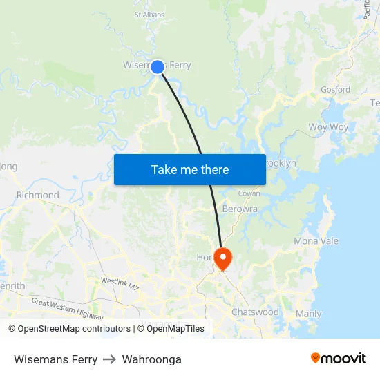 Wisemans Ferry to Wahroonga map