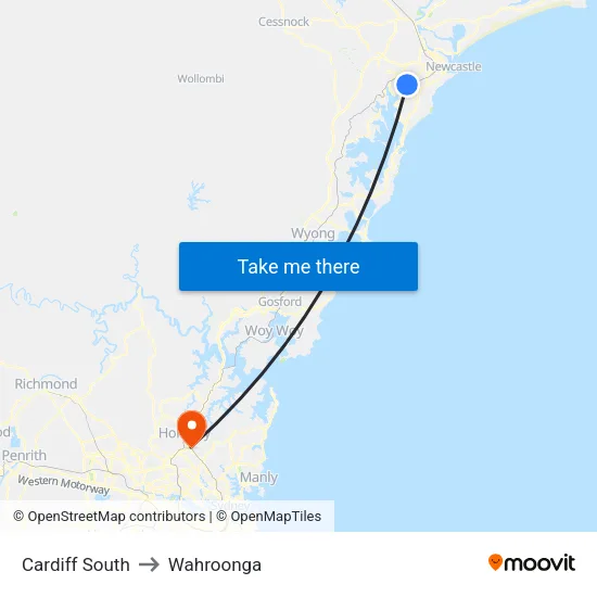 Cardiff South to Wahroonga map