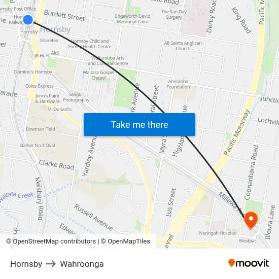 Hornsby to Wahroonga map