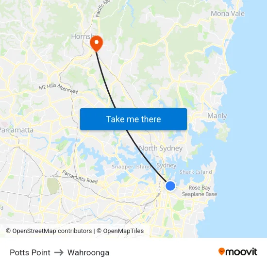 Potts Point to Wahroonga map