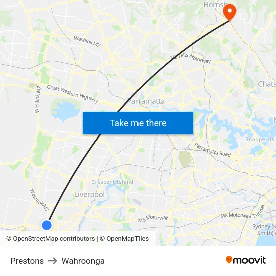 Prestons to Wahroonga map