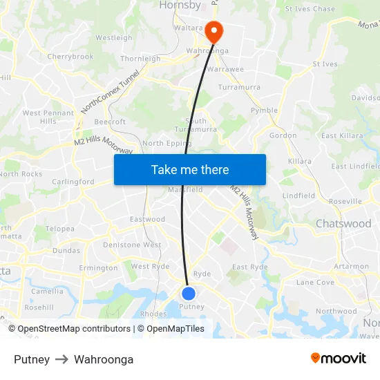 Putney to Wahroonga map