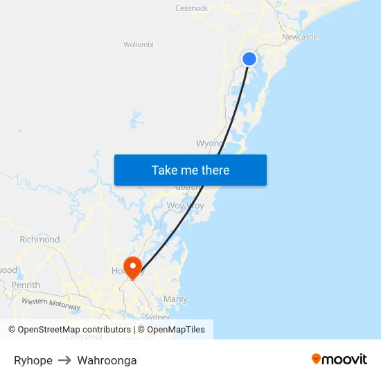 Ryhope to Wahroonga map