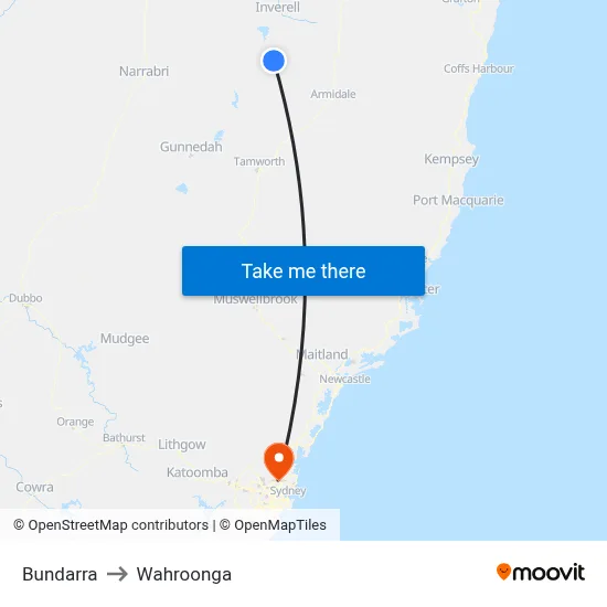 Bundarra to Wahroonga map