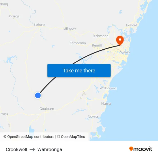 Crookwell to Wahroonga map