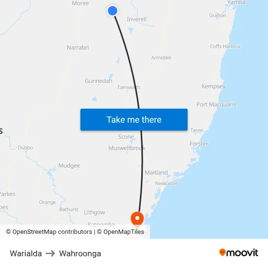 Warialda to Wahroonga map