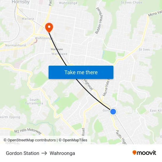 Gordon Station to Wahroonga map