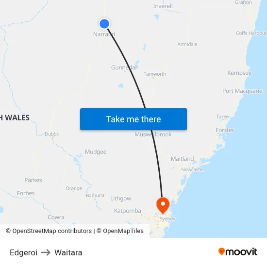 Edgeroi to Waitara map