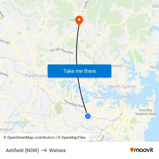 Ashfield (NSW) to Waitara map