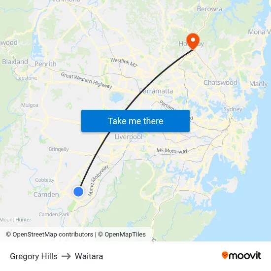 Gregory Hills to Waitara map
