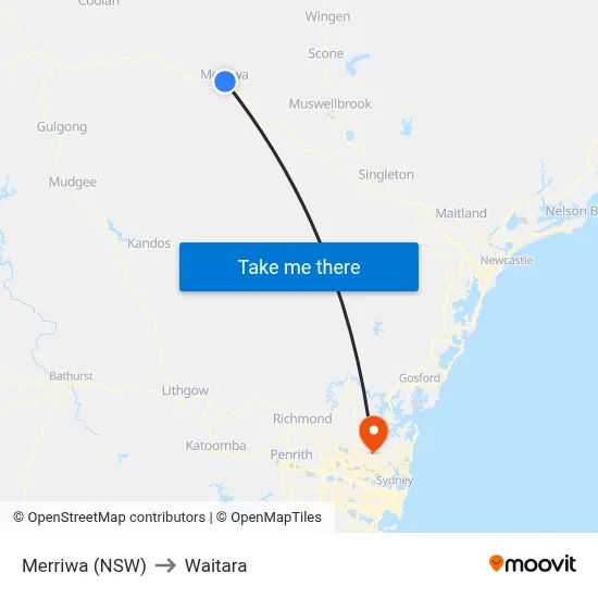 Merriwa (NSW) to Waitara map