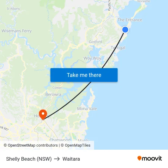 Shelly Beach (NSW) to Waitara map