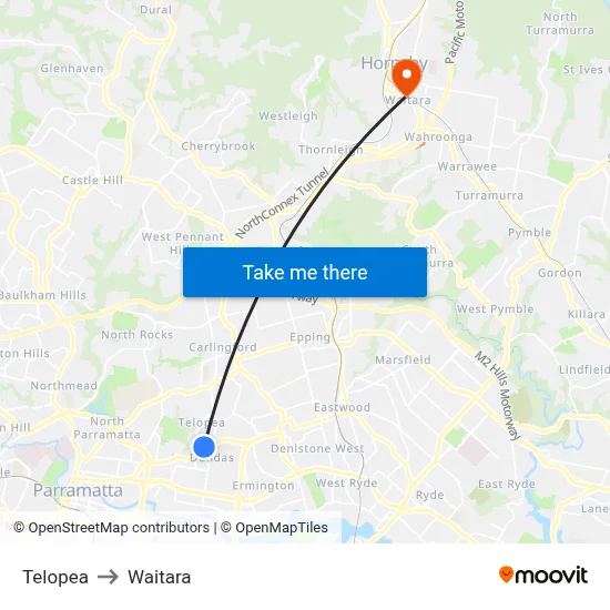 Telopea to Waitara map