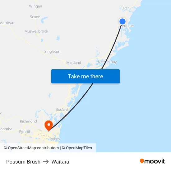 Possum Brush to Waitara map