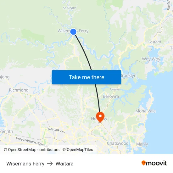 Wisemans Ferry to Waitara map