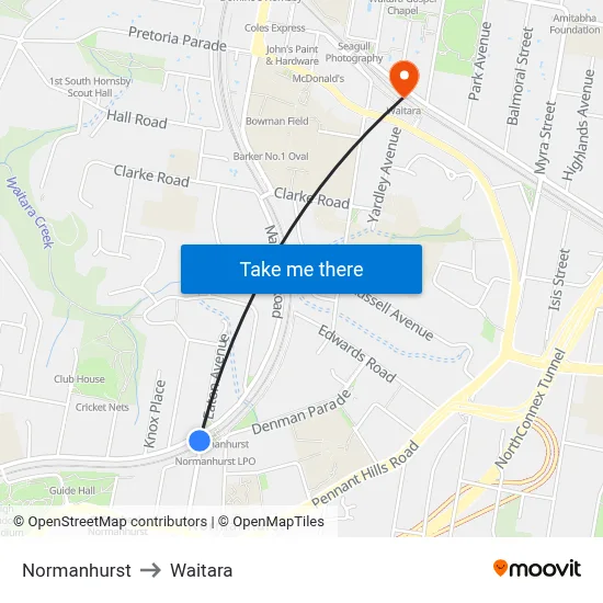 Normanhurst to Waitara map