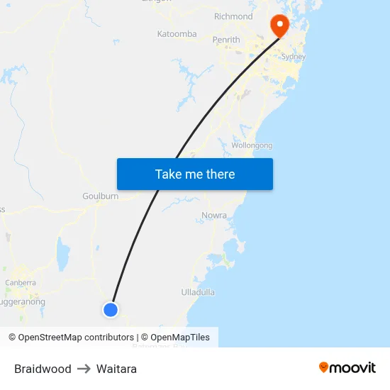 Braidwood to Waitara map