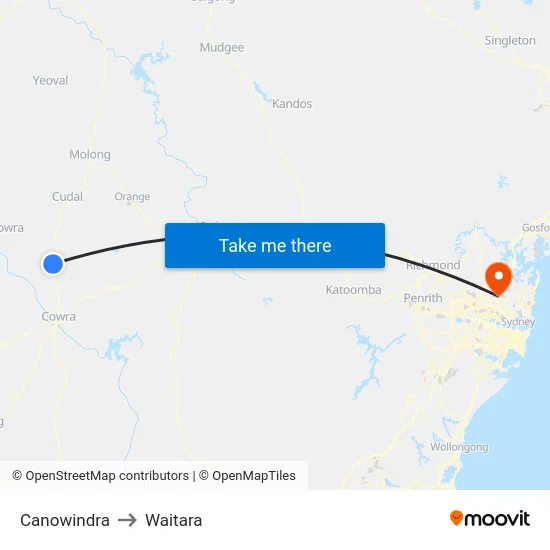 Canowindra to Waitara map