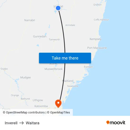 Inverell to Waitara map