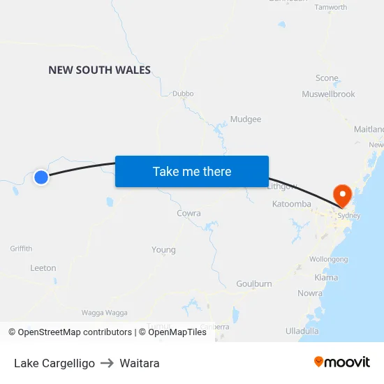 Lake Cargelligo to Waitara map