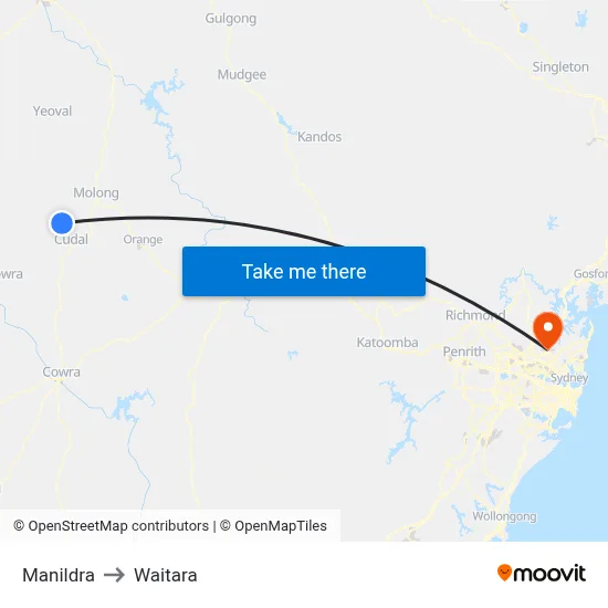 Manildra to Waitara map
