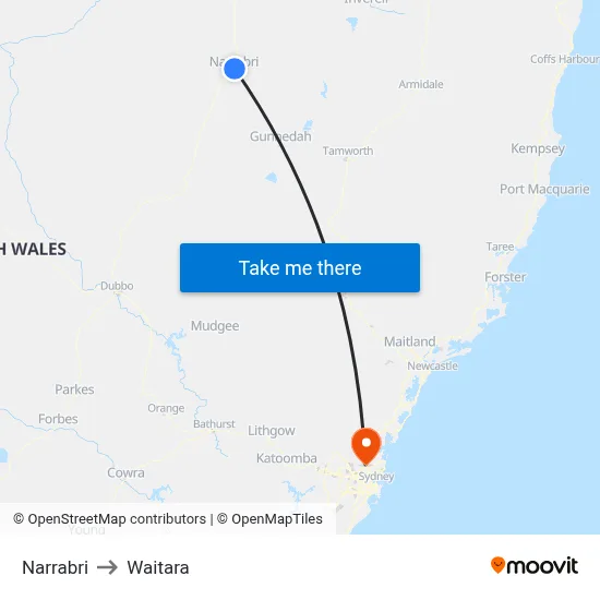 Narrabri to Waitara map