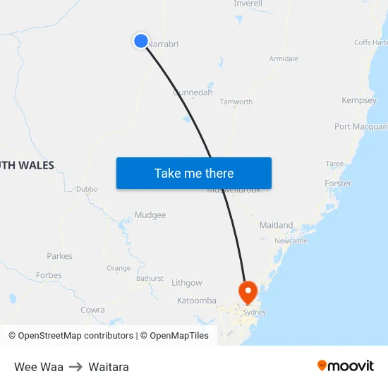 Wee Waa to Waitara map