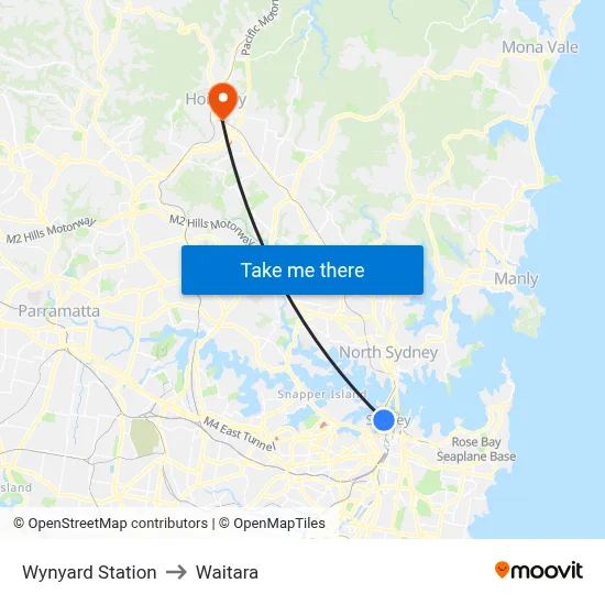 Wynyard Station to Waitara map