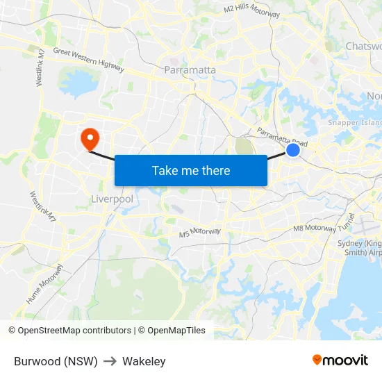 Burwood (NSW) to Wakeley map