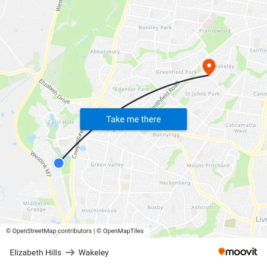 Elizabeth Hills to Wakeley map