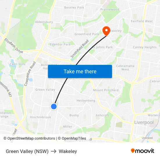 Green Valley (NSW) to Wakeley map