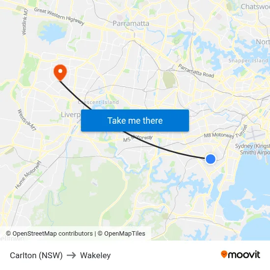 Carlton (NSW) to Wakeley map