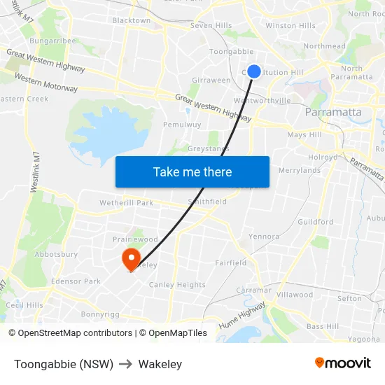 Toongabbie (NSW) to Wakeley map