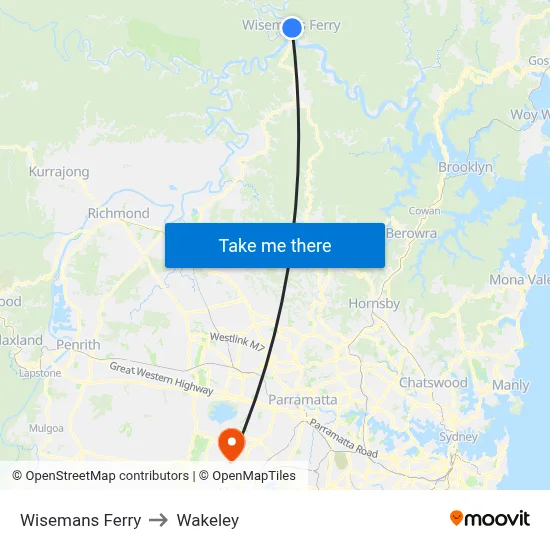 Wisemans Ferry to Wakeley map