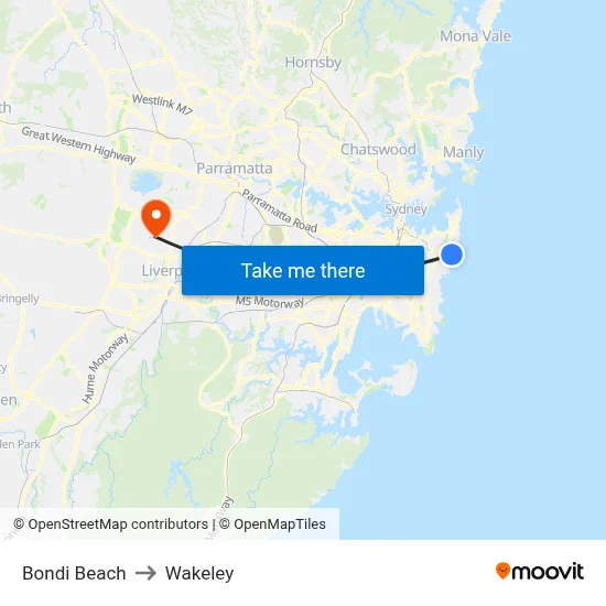 Bondi Beach to Wakeley map