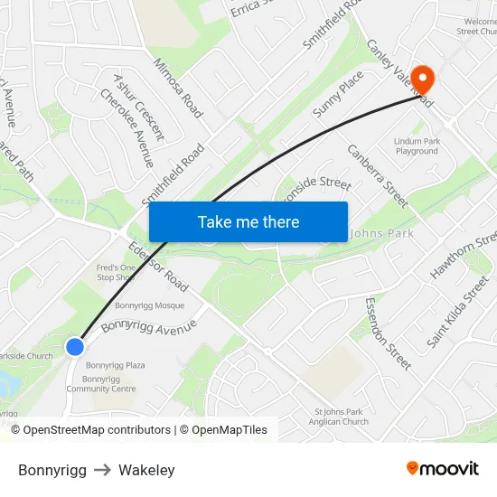 Bonnyrigg to Wakeley map