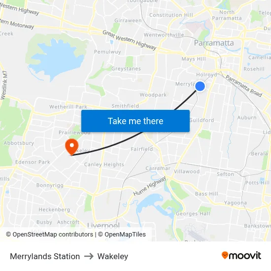 Merrylands Station to Wakeley map