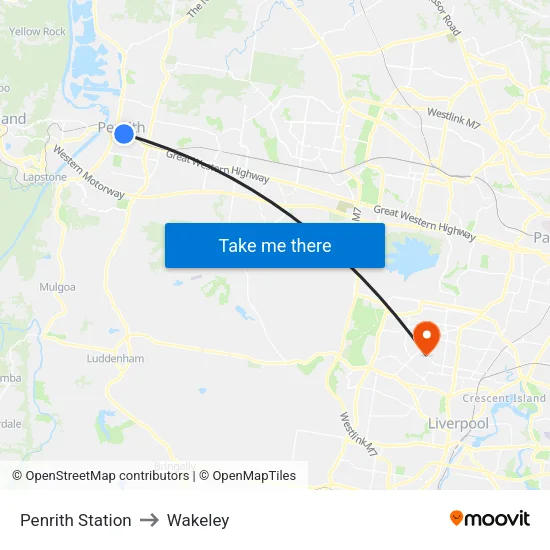 Penrith Station to Wakeley map