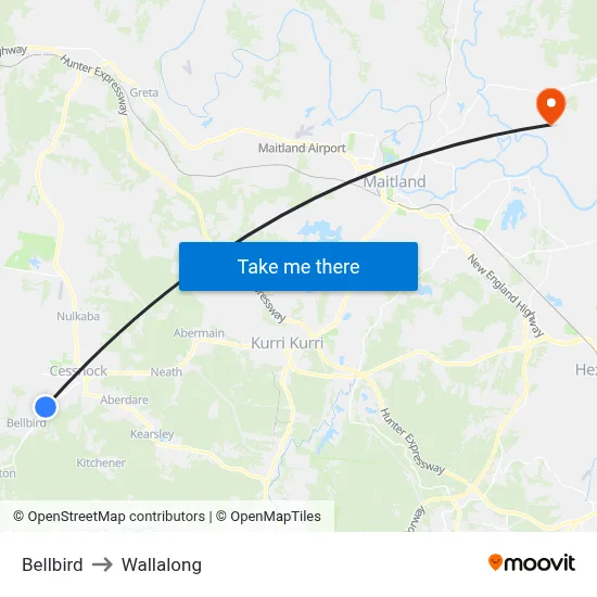 Bellbird to Wallalong map