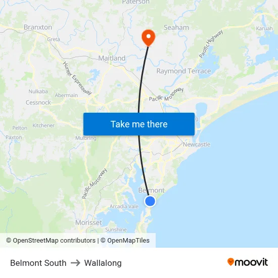 Belmont South to Wallalong map