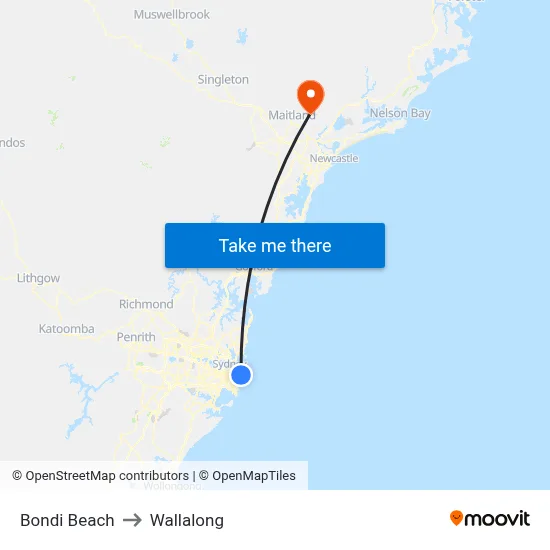 Bondi Beach to Wallalong map