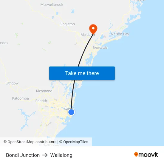 Bondi Junction to Wallalong map